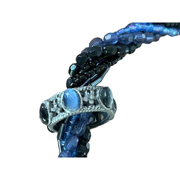 Multi Strand Blue Shades Seed Beads ReMovable Ring Necklace with Blue Stones 15” - Picture 3 of 7